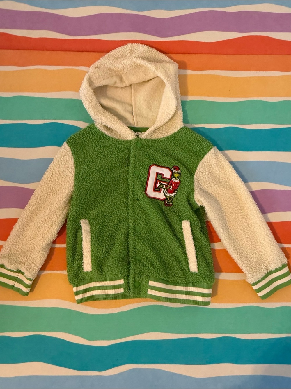 Dr. Seuss Grinch Green and Cream Sherpa Zip Hoodie with Letter Patch